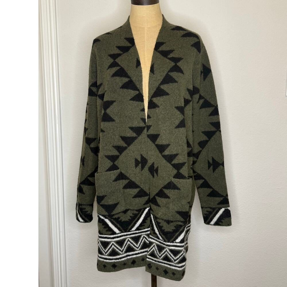 Frye Aztec Sweater Cardigan Top Olive Green Black Women size M